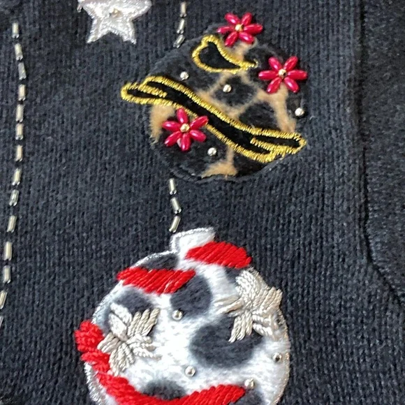 Victoria Jones Black Embroidered Christmas Holiday Cardigan Leopard Print Medium - Picture 9 of 15